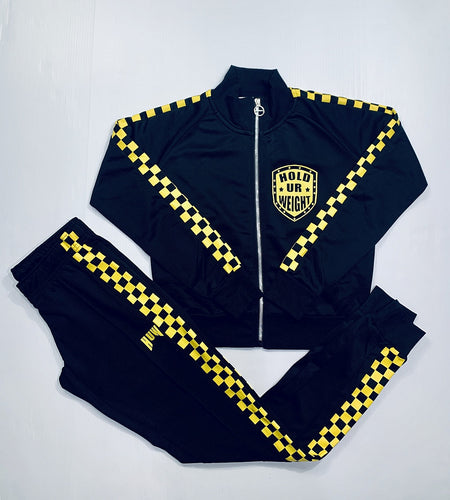 Ladies Track Suit Set - Black and Yellow Checked Stripe