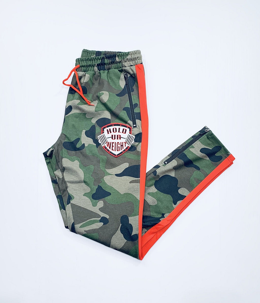 Camouflage and Red Stripe Track Suit Pants with Embroidered Logo
