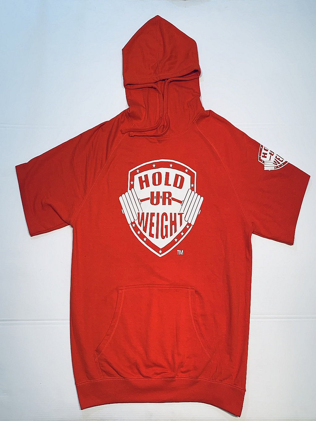 French Terry Short Sleeve Red and White Logo Hoodie